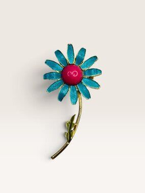 Weiss 1960s Mod Teal Blue Pink Enamel Daisy Flower Long Stem Brooch 2.75"